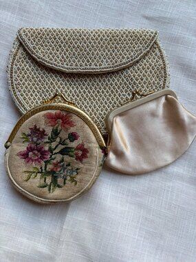 Vintage Made in France Beaded Clutch & Petit Point Coin Purse Lot